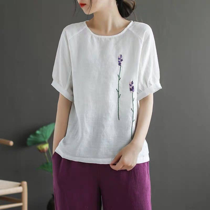 Camiseta de algodón y lino con cuello redondo para mujer, diseño vintage de flores bordadas con Buddha Stones , de verano - Blanco - US8-10，UK/AU12-14，EU40-42 (2XL) - image 13