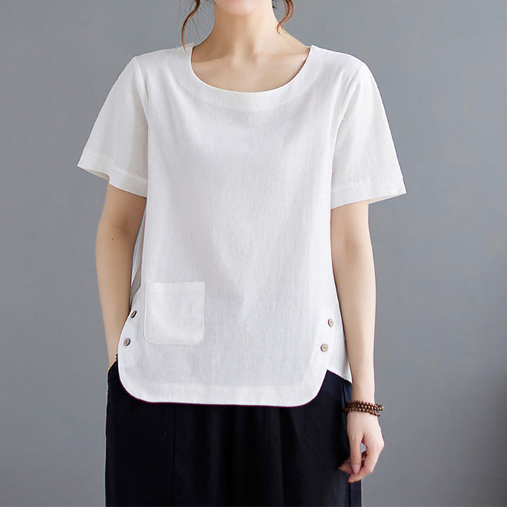 Camiseta de manga corta con cuello redondo y diseño de Buddha Stones para mujer, de algodón y poliéster, con abertura lateral y bolsillo. - image 14