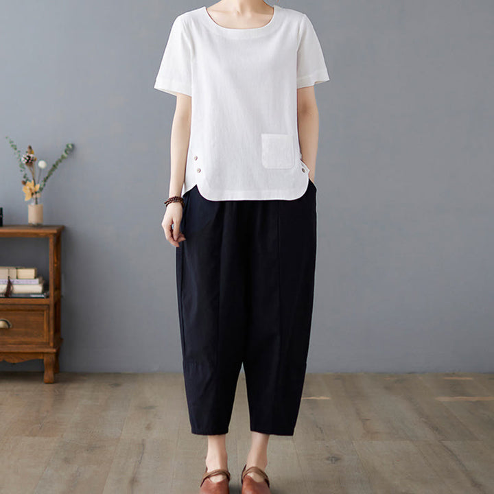 Camiseta de manga corta con cuello redondo y diseño de Buddha Stones para mujer, de algodón y poliéster, con abertura lateral y bolsillo. - image 15