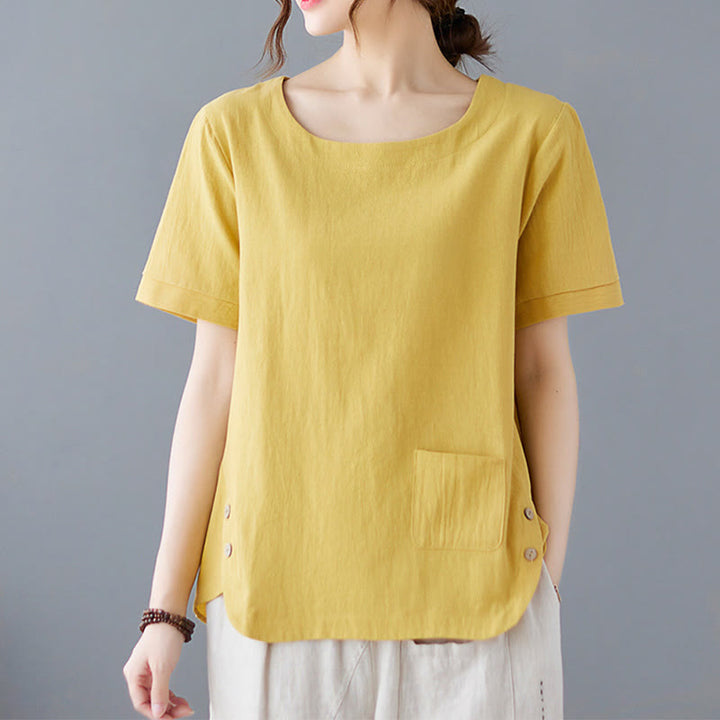 Camiseta de algodón y lino para mujer, manga corta, cuello redondo y bolsillo, con abertura lateral y diseño de Buddha Stones - Amarillo - US14, UK/AU18, EU46 (4XL) - image 0