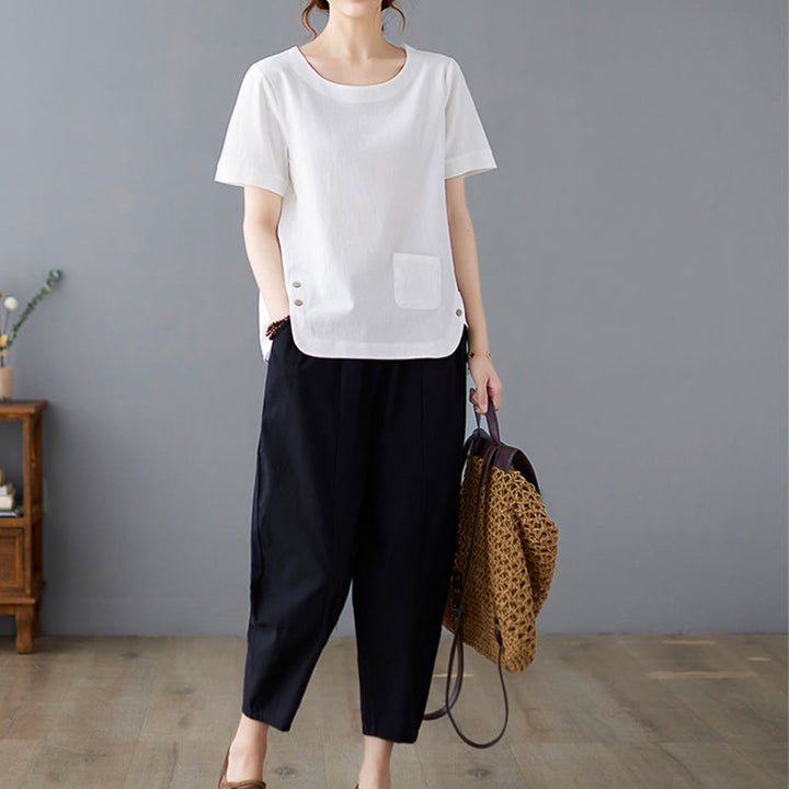 Camiseta de manga corta con cuello redondo y diseño de Buddha Stones para mujer, de algodón y poliéster, con abertura lateral y bolsillo. - image 17