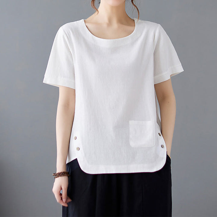 Camiseta de manga corta con cuello redondo y diseño de Buddha Stones para mujer, de algodón y poliéster, con abertura lateral y bolsillo. - Blanco - US14, UK/AU18, EU46 (4XL) - image 14