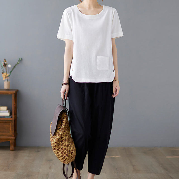 Camiseta de manga corta con cuello redondo y diseño de Buddha Stones para mujer, de algodón y poliéster, con abertura lateral y bolsillo. - image 16