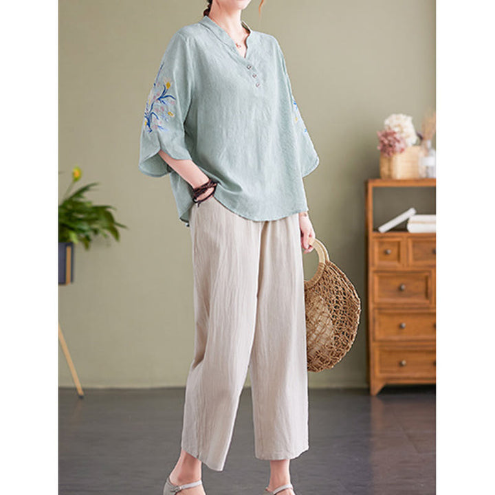 Camisa de lino y algodón con cuello entallado para mujer, diseño de flores bordadas de verano con Buddha Stones y mangas tres cuartos - image 12