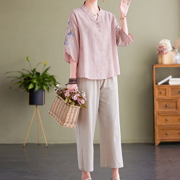 Camisa de lino y algodón con cuello entallado para mujer, diseño de flores bordadas de verano con Buddha Stones y mangas tres cuartos - image 5