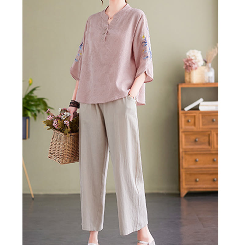 Camisa de lino y algodón con cuello entallado para mujer, diseño de flores bordadas de verano con Buddha Stones y mangas tres cuartos - image 1