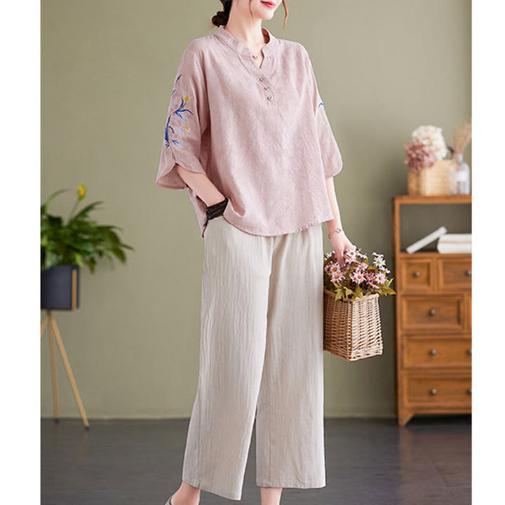 Camisa de lino y algodón con cuello entallado para mujer, diseño de flores bordadas de verano con Buddha Stones y mangas tres cuartos - image 3