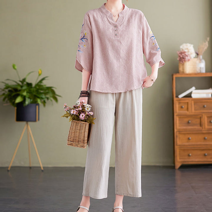 Camisa de lino y algodón con cuello entallado para mujer, diseño de flores bordadas de verano con Buddha Stones y mangas tres cuartos - image 4