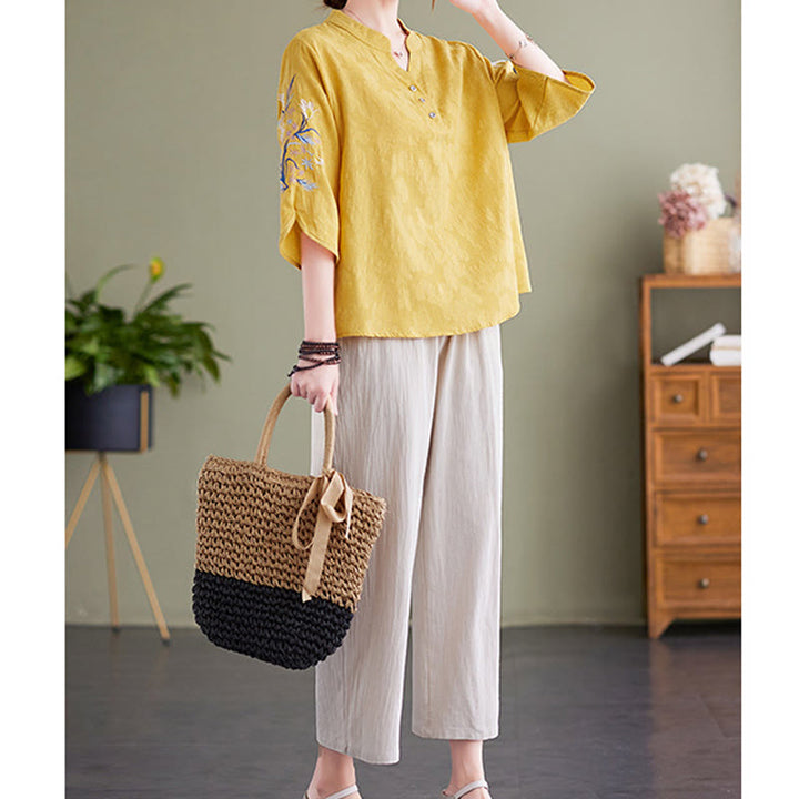 Camisa de lino y algodón con cuello entallado para mujer, diseño de flores bordadas de verano con Buddha Stones y mangas tres cuartos - image 19