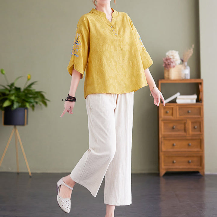 Camisa de lino y algodón con cuello entallado para mujer, diseño de flores bordadas de verano con Buddha Stones y mangas tres cuartos - image 17