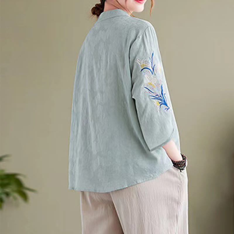 Camisa de lino y algodón con cuello entallado para mujer, diseño de flores bordadas de verano con Buddha Stones y mangas tres cuartos - image 7