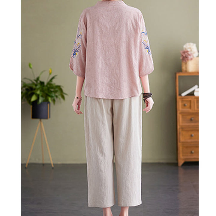 Camisa de lino y algodón con cuello entallado para mujer, diseño de flores bordadas de verano con Buddha Stones y mangas tres cuartos - image 2