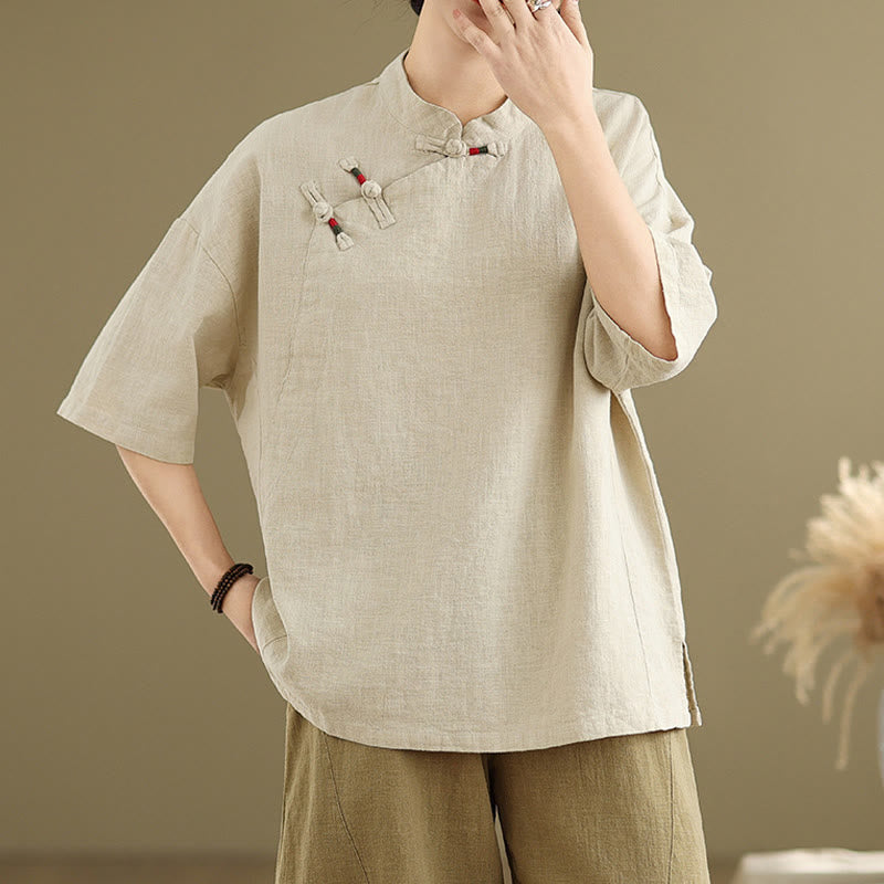 Camisa de lino y algodón para mujer, de media manga, con diseño de rana china y botones de estilo chino, con cuello alto y Buddha Stones - Chifón de limón - US8-10，UK/AU12-14，EU40-42 (2XL) - image 0