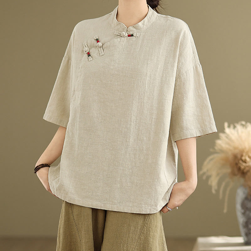 Camisa de lino y algodón para mujer, de media manga, con diseño de rana china y botones de estilo chino, con cuello alto y Buddha Stones - image 1