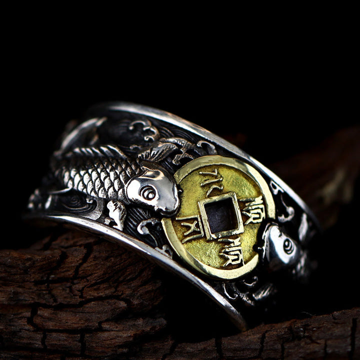 Buddha Stones de plata de ley 925 con diseño de pez koi de la suerte, con apertura ajustable y monedas de cobre, nubes auspiciosas.