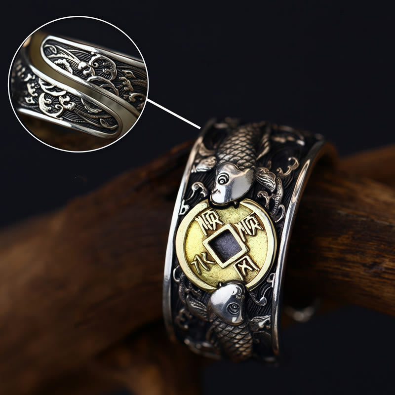Buddha Stones de plata de ley 925 con diseño de pez koi de la suerte, con apertura ajustable y monedas de cobre, nubes auspiciosas.