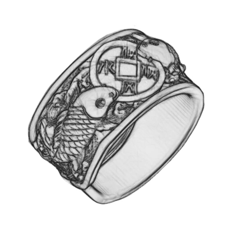Buddha Stones de plata de ley 925 con diseño de pez koi de la suerte, con apertura ajustable y monedas de cobre, nubes auspiciosas.