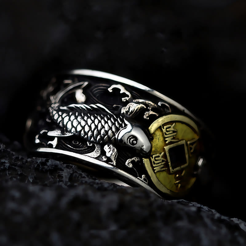 Buddha Stones de plata de ley 925 con diseño de pez koi de la suerte, con apertura ajustable y monedas de cobre, nubes auspiciosas.