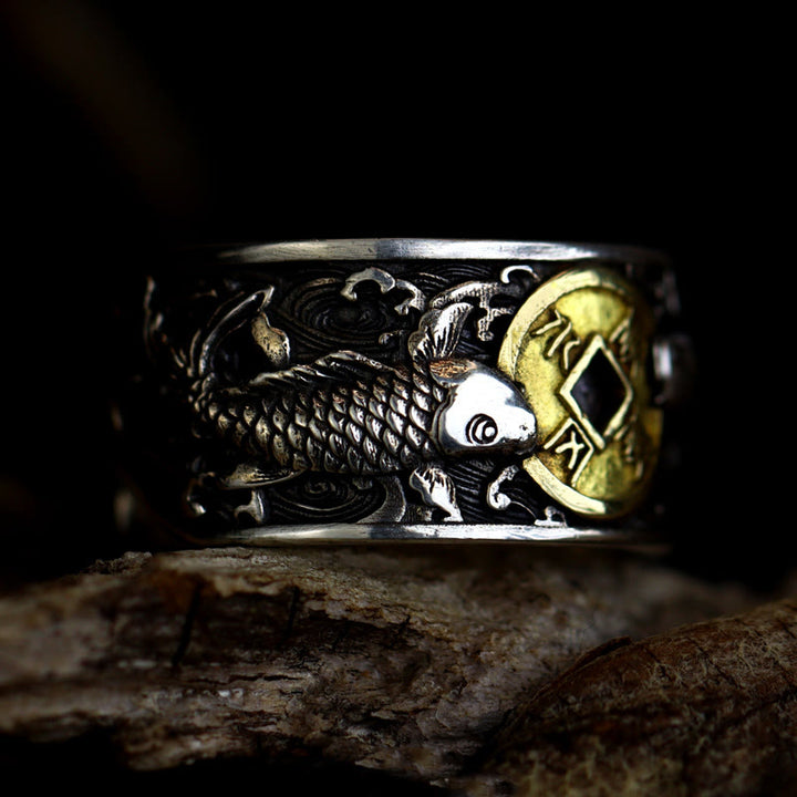 Buddha Stones de plata de ley 925 con diseño de pez koi de la suerte, con apertura ajustable y monedas de cobre, nubes auspiciosas.