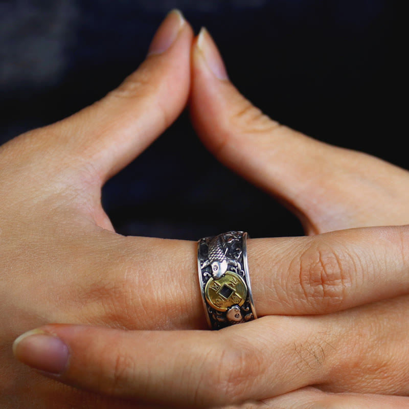 Buddha Stones de plata de ley 925 con diseño de pez koi de la suerte, con apertura ajustable y monedas de cobre, nubes auspiciosas.
