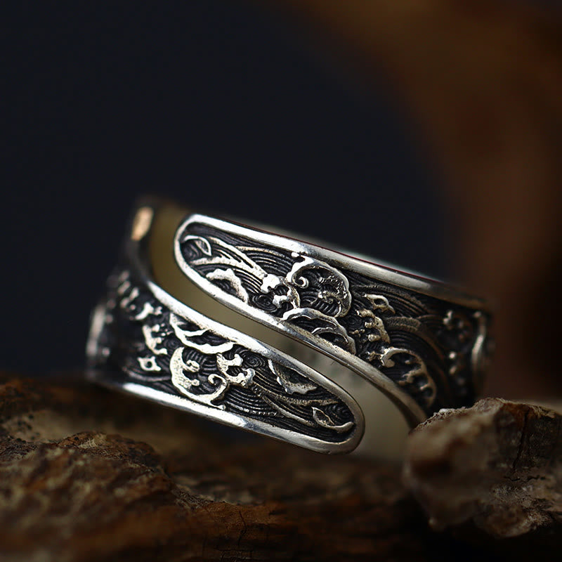 Buddha Stones de plata de ley 925 con diseño de pez koi de la suerte, con apertura ajustable y monedas de cobre, nubes auspiciosas.