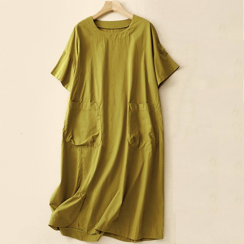 Vestido midi de verano con cuello redondo, manga corta y bolsillos, de Buddha Stones - AmarilloVerde - US8-10，UK/AU12-14，EU40-42 (2XL) - image 15