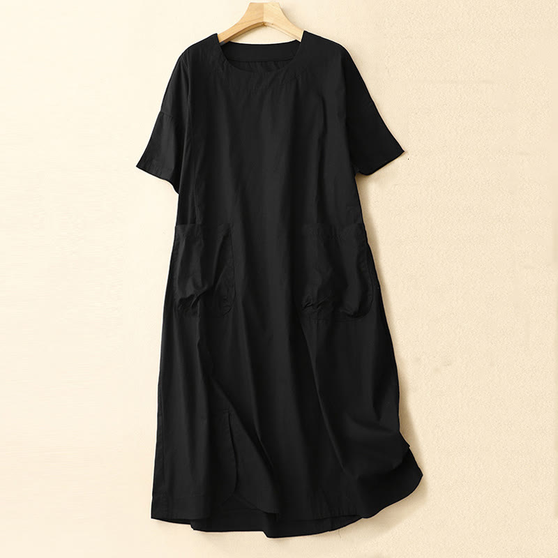 Vestido midi de verano con cuello redondo, manga corta y bolsillos, de Buddha Stones - Negro - US8-10，UK/AU12-14，EU40-42 (2XL) - image 7