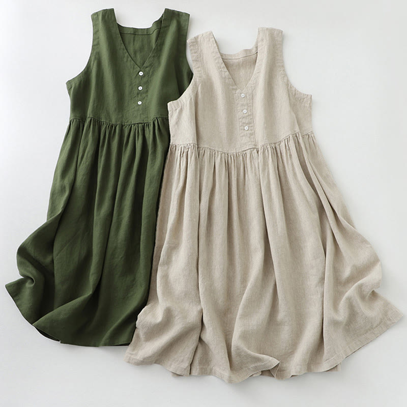 Vestido midi sin mangas de color liso con cuello en V y botones sencillos , de Buddha Stones Daily Casual. - image 17
