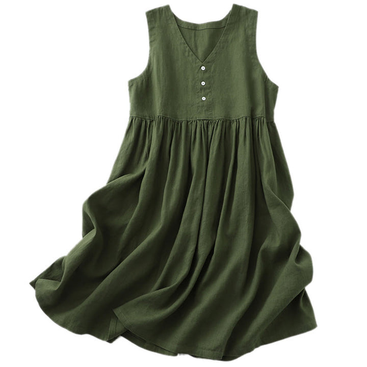 Vestido midi sin mangas de color liso con cuello en V y botones sencillos , de Buddha Stones Daily Casual. - image 16