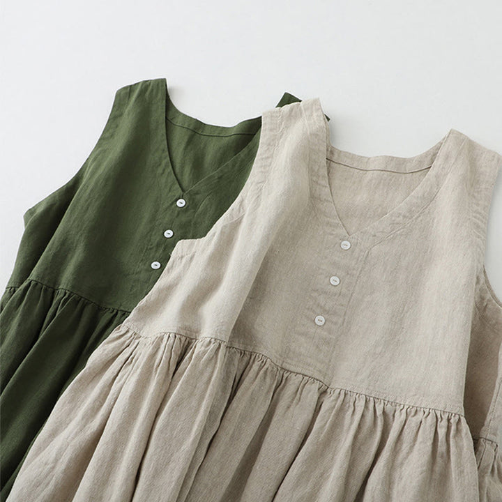 Vestido midi sin mangas de color liso con cuello en V y botones sencillos , de Buddha Stones Daily Casual. - image 18