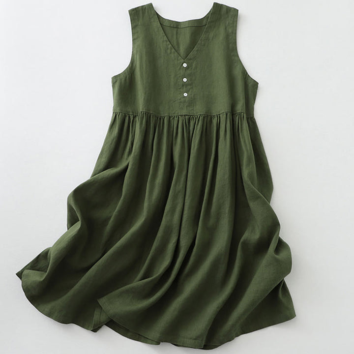 Vestido midi sin mangas de color liso con cuello en V y botones sencillos , de Buddha Stones Daily Casual. - Verde oscuro - US12, UK/AU16, EU44 (2XL) - image 10