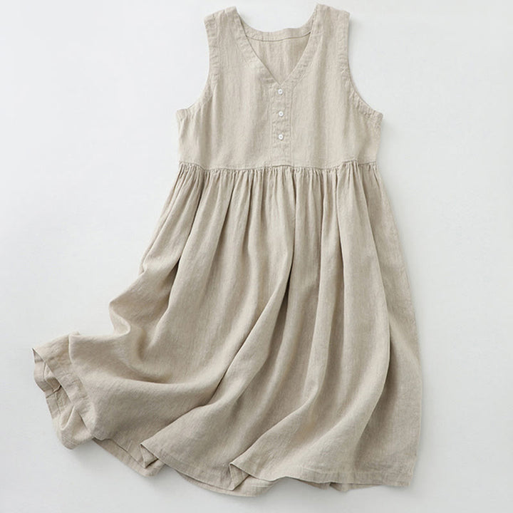 Vestido midi sin mangas de color liso con cuello en V y botones sencillos , de Buddha Stones Daily Casual. - Lino - US12, UK/AU16, EU44 (2XL) - image 0