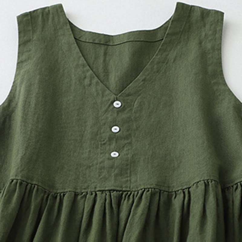 Vestido midi sin mangas de color liso con cuello en V y botones sencillos , de Buddha Stones Daily Casual. - image 11