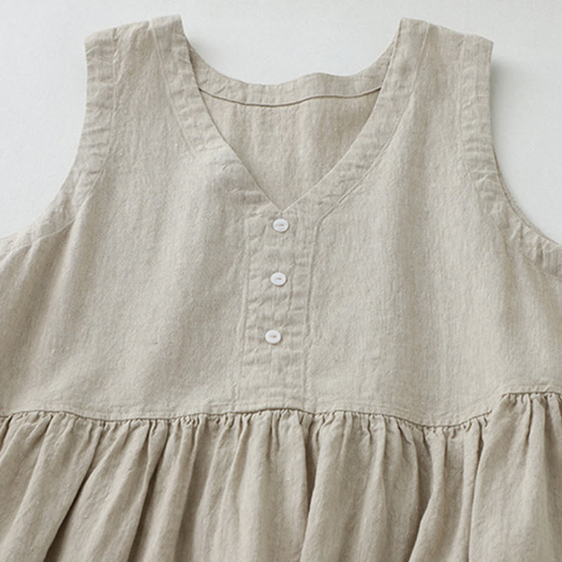 Vestido midi sin mangas de color liso con cuello en V y botones sencillos , de Buddha Stones Daily Casual. - image 2