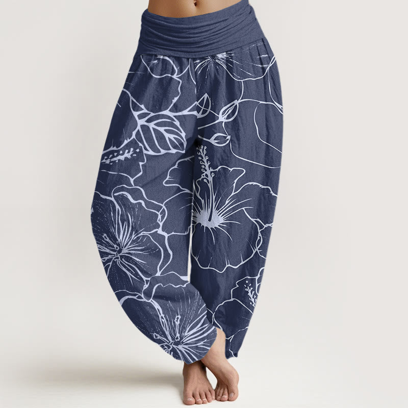 Pantalones harén con cintura elástica para mujer con diseño de flores de gloria de la mañana y Buddha Stones - Azul acero - US22，UK/AU26，EU54 (6XL) - image 1