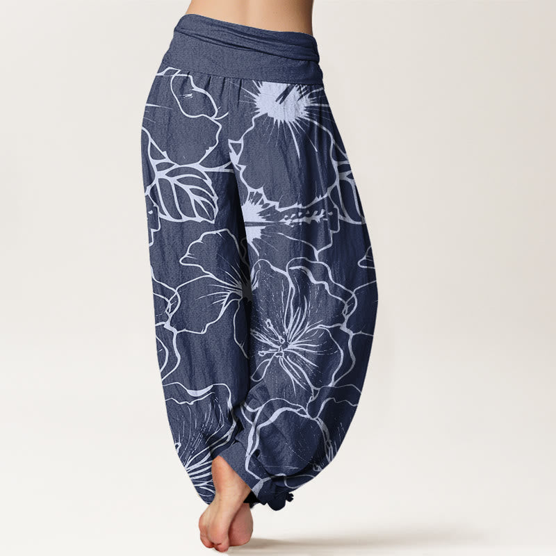 Pantalones harén con cintura elástica para mujer con diseño de flores de gloria de la mañana y Buddha Stones - image 1