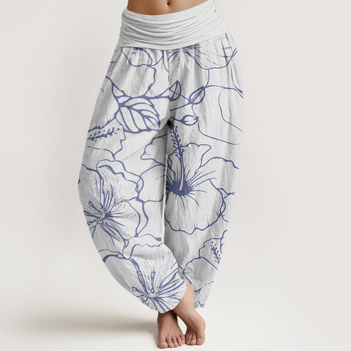 Pantalones harén con cintura elástica para mujer con diseño de flores de gloria de la mañana y Buddha Stones - Nieve - US22，UK/AU26，EU54 (6XL) - image 5