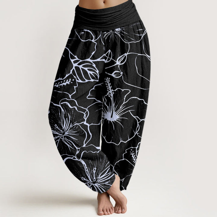 Pantalones harén con cintura elástica para mujer con diseño de flores de gloria de la mañana y Buddha Stones - Negro - US22，UK/AU26，EU54 (6XL) - image 8