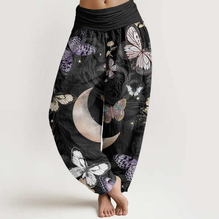 Pantalones harén con cintura elástica para mujer, diseño de flores de mariposa y luna creciente con Buddha Stones - Negro - US22，UK/AU26，EU54 (6XL) - image 0
