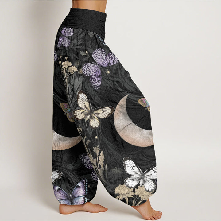 Pantalones harén con cintura elástica para mujer, diseño de flores de mariposa y luna creciente con Buddha Stones - image 2
