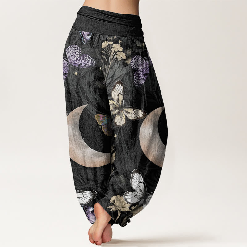 Pantalones harén con cintura elástica para mujer, diseño de flores de mariposa y luna creciente con Buddha Stones - image 1
