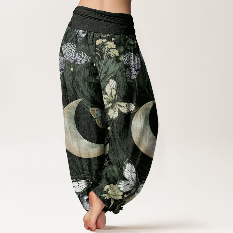 Pantalones harén con cintura elástica para mujer, diseño de flores de mariposa y luna creciente con Buddha Stones - image 5