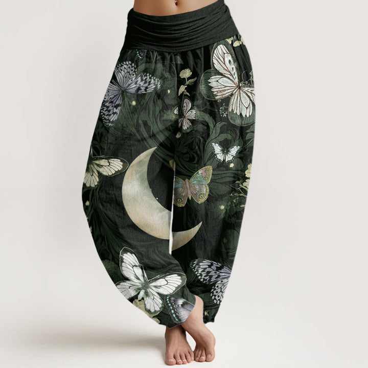 Pantalones harén con cintura elástica para mujer, diseño de flores de mariposa y luna creciente con Buddha Stones - Gris pizarra oscuro - US22，UK/AU26，EU54 (6XL) - image 5
