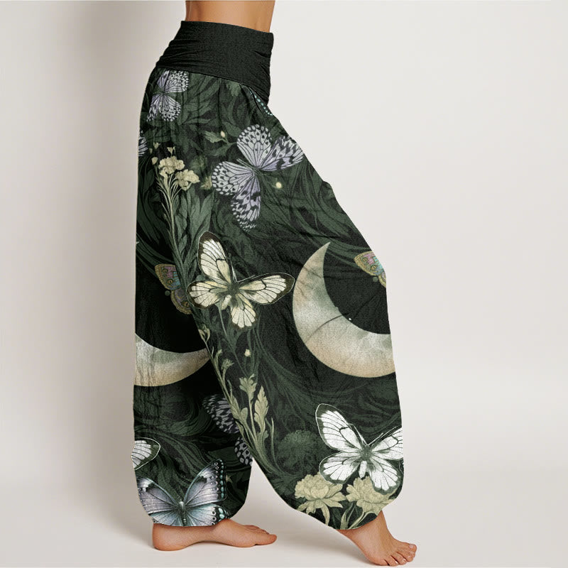 Pantalones harén con cintura elástica para mujer, diseño de flores de mariposa y luna creciente con Buddha Stones - image 6