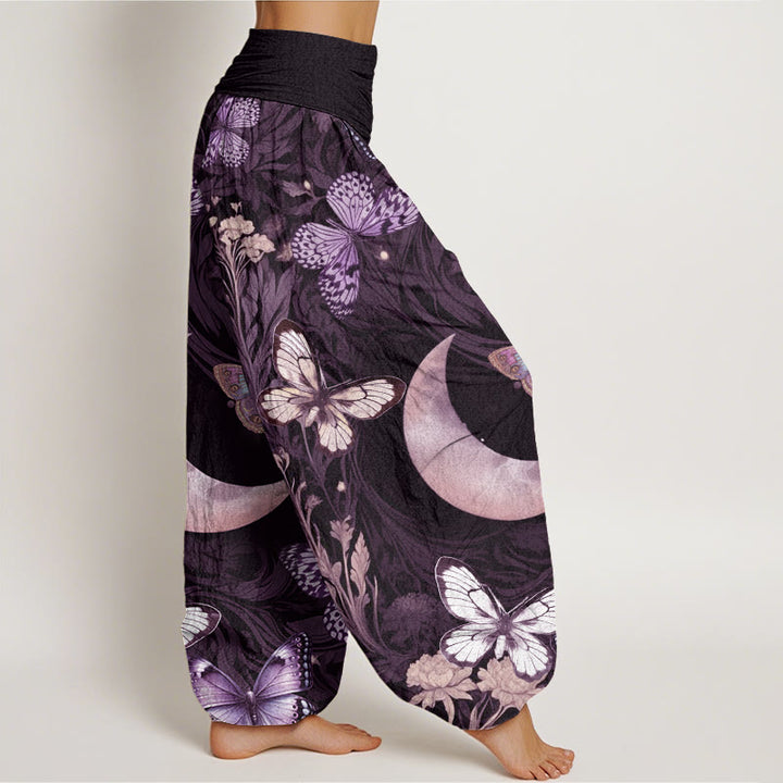 Pantalones harén con cintura elástica para mujer, diseño de flores de mariposa y luna creciente con Buddha Stones - image 10
