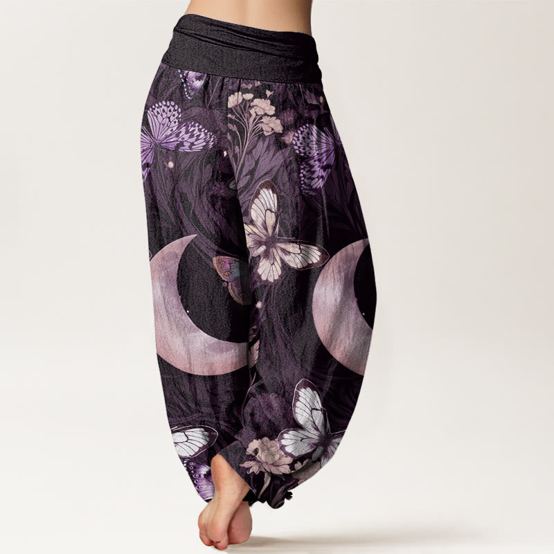 Pantalones harén con cintura elástica para mujer, diseño de flores de mariposa y luna creciente con Buddha Stones - image 8