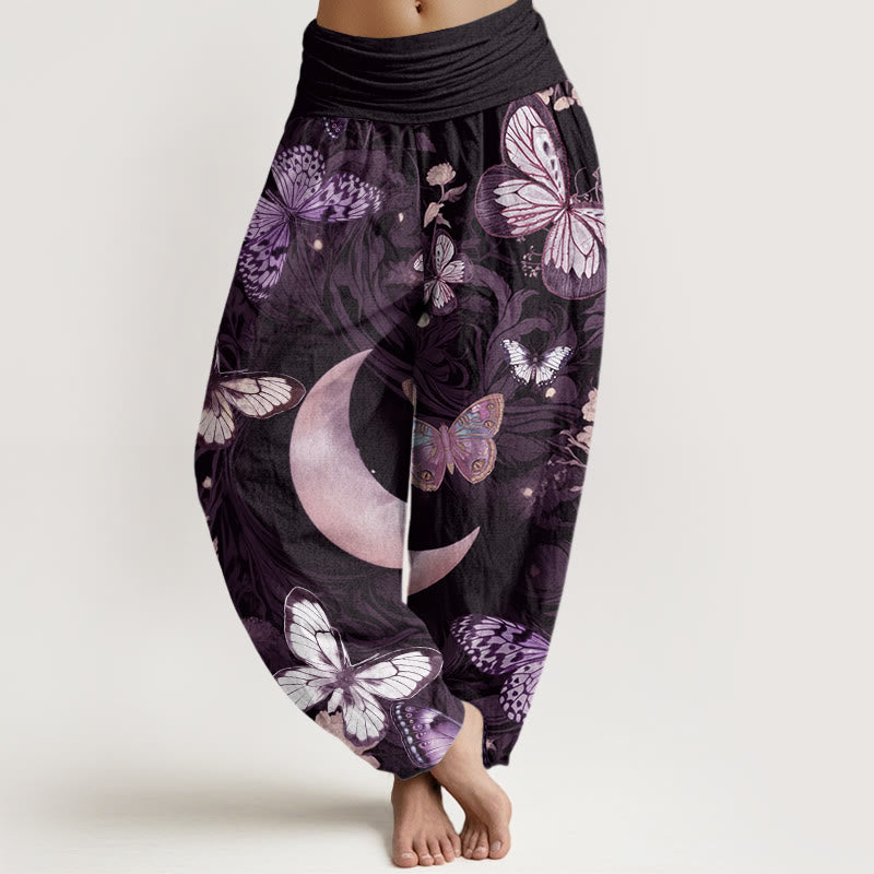 Pantalones harén con cintura elástica para mujer, diseño de flores de mariposa y luna creciente con Buddha Stones - Ciruela - US22，UK/AU26，EU54 (6XL) - image 7