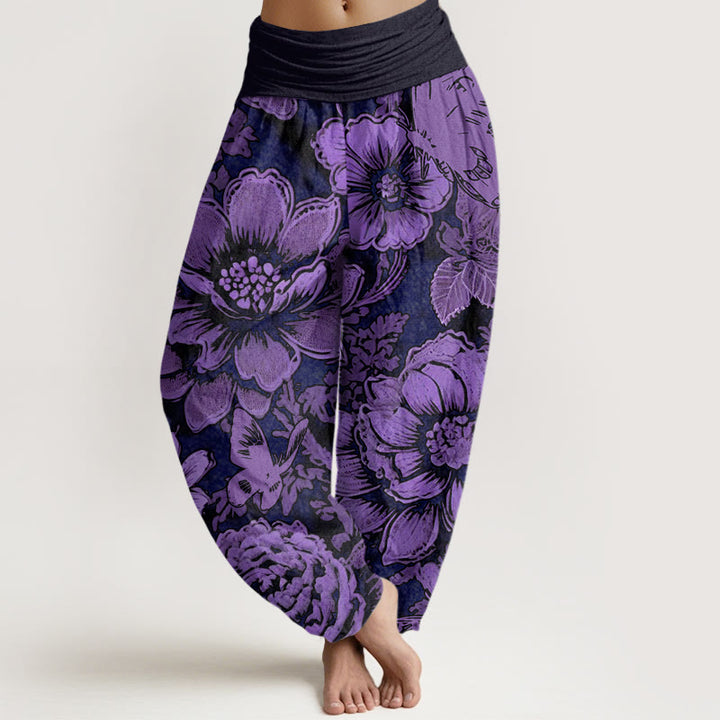 Pantalones harén con cintura elástica para mujer, diseño de flores de peonía y mariposas con Buddha Stones - Púrpura - US22，UK/AU26，EU54 (6XL) - image 1