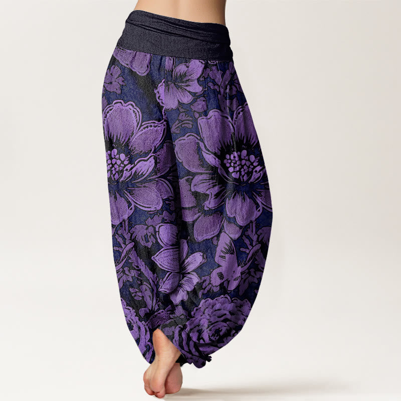Pantalones harén con cintura elástica para mujer, diseño de flores de peonía y mariposas con Buddha Stones - image 1