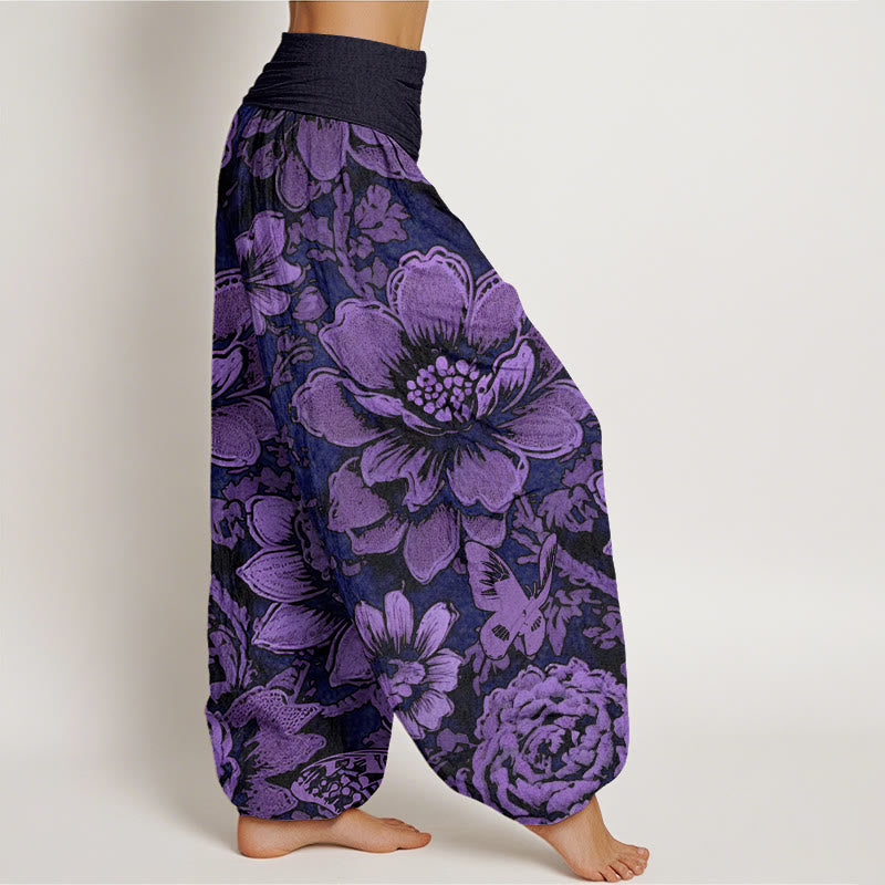 Pantalones harén con cintura elástica para mujer, diseño de flores de peonía y mariposas con Buddha Stones - image 3